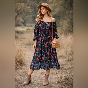Endless Rose Off Shoulder Black Red Rose Floral Ruffle Dress Small Romantic